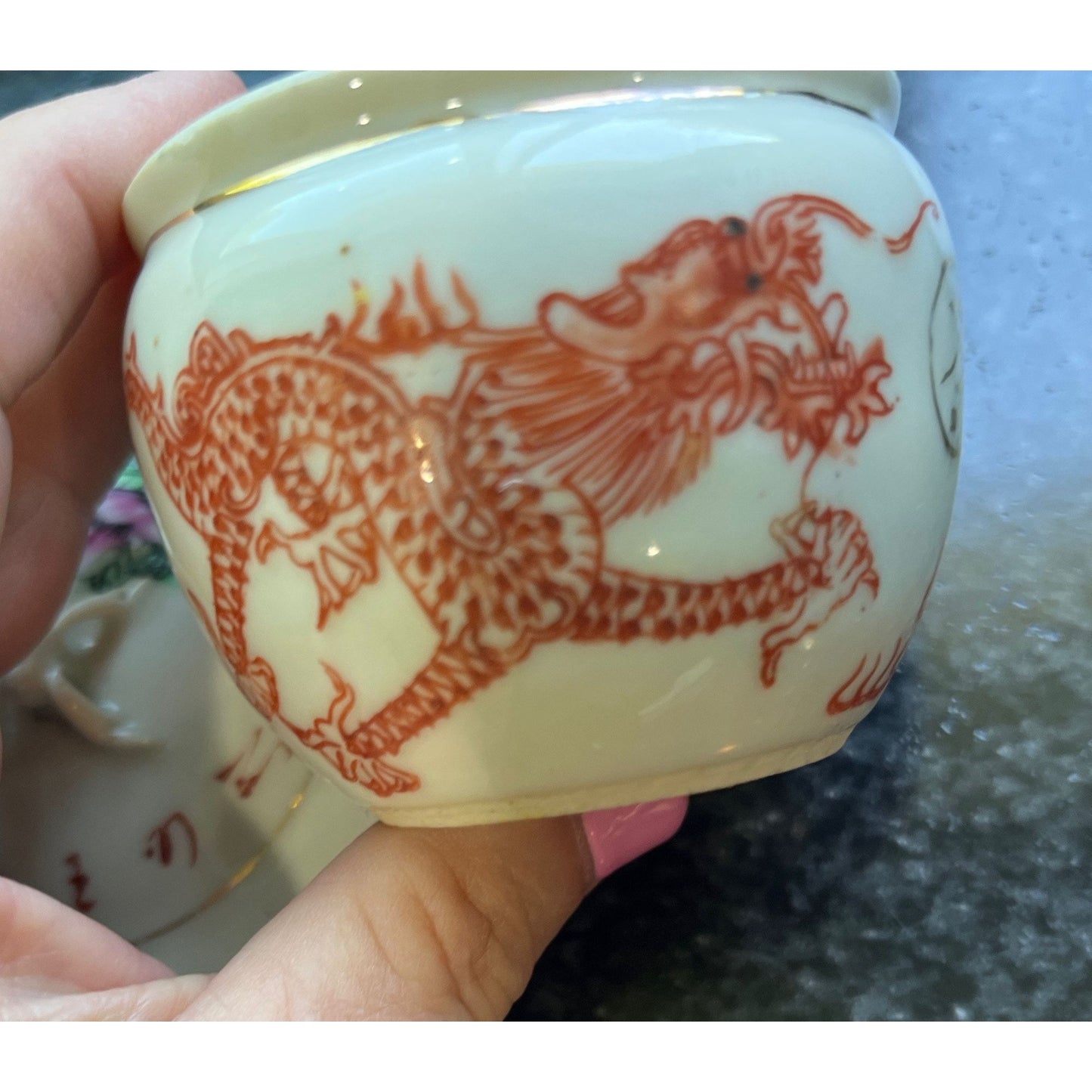 Antique ROC Chinese Hand Painted Tea Jar With Lid Greenish Dragons "Shanghai Xiaolong (Double Dragon) Teahouse"