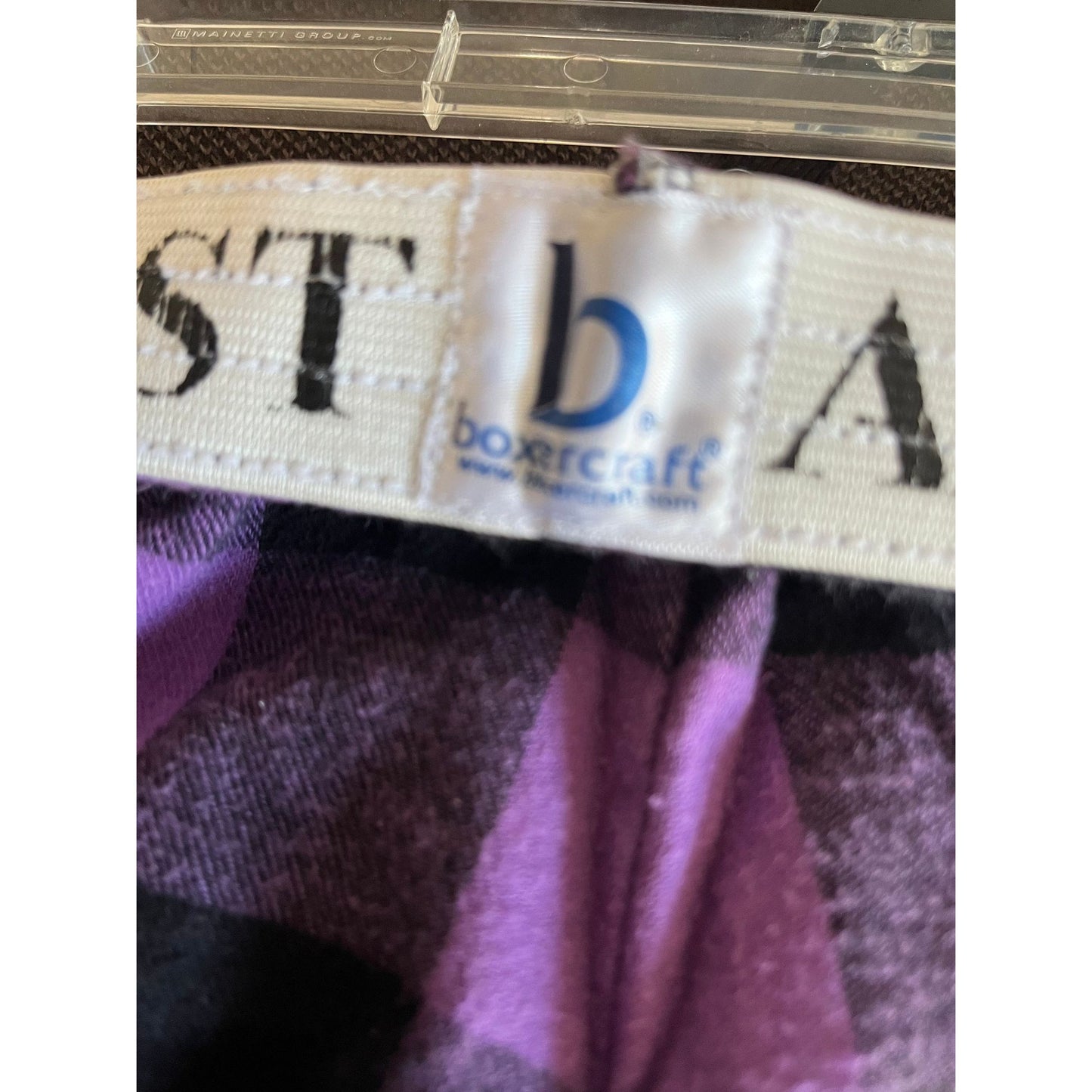 Amherst College Woman's Boxercraft Boxer Shorts Plaid Purple And Black AMHERST On Reverse Waistband M