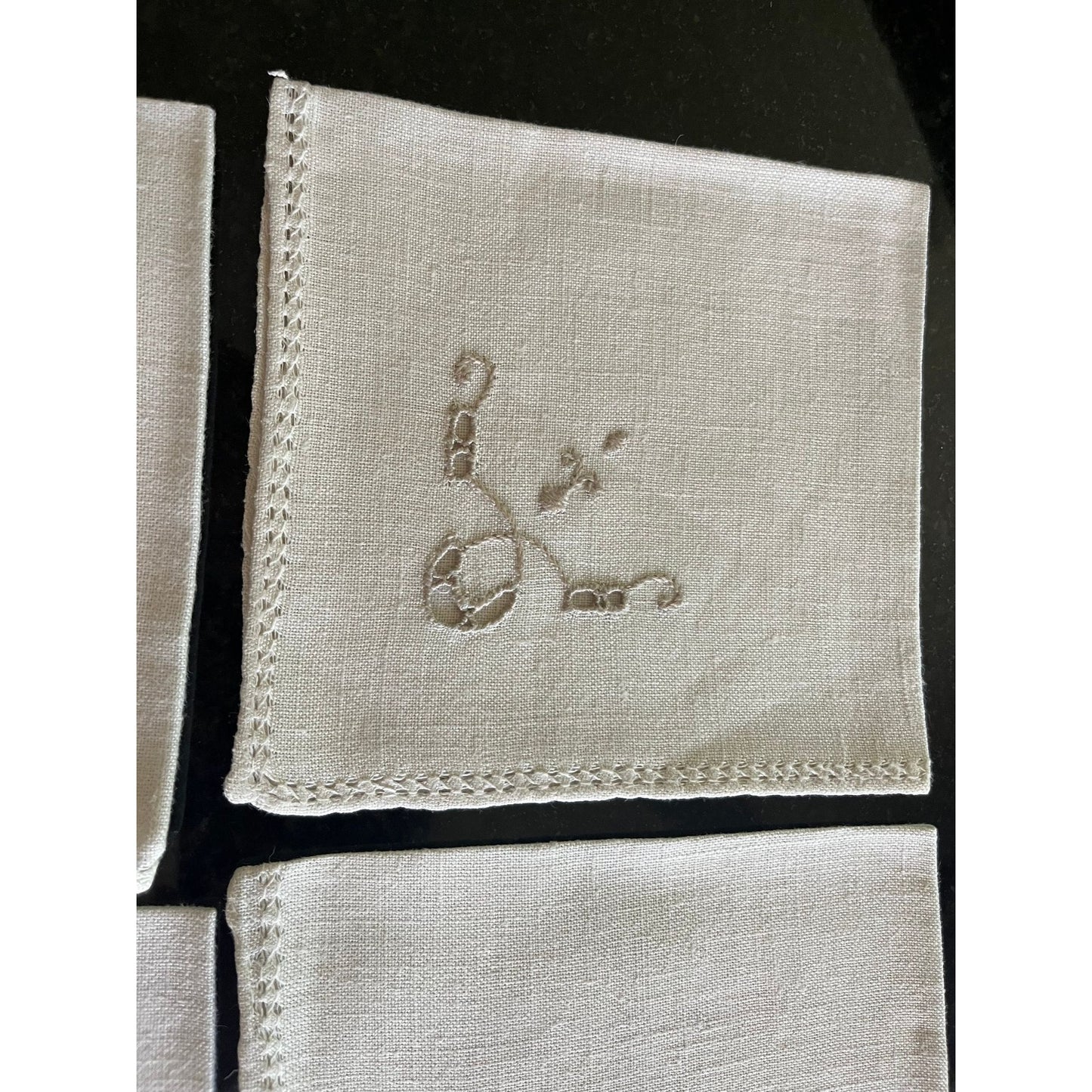 Vintage Mid Century Handmade 8 Linen Cocktail Napkins Eyelet Beige Gray 10.5 x 10.5 New