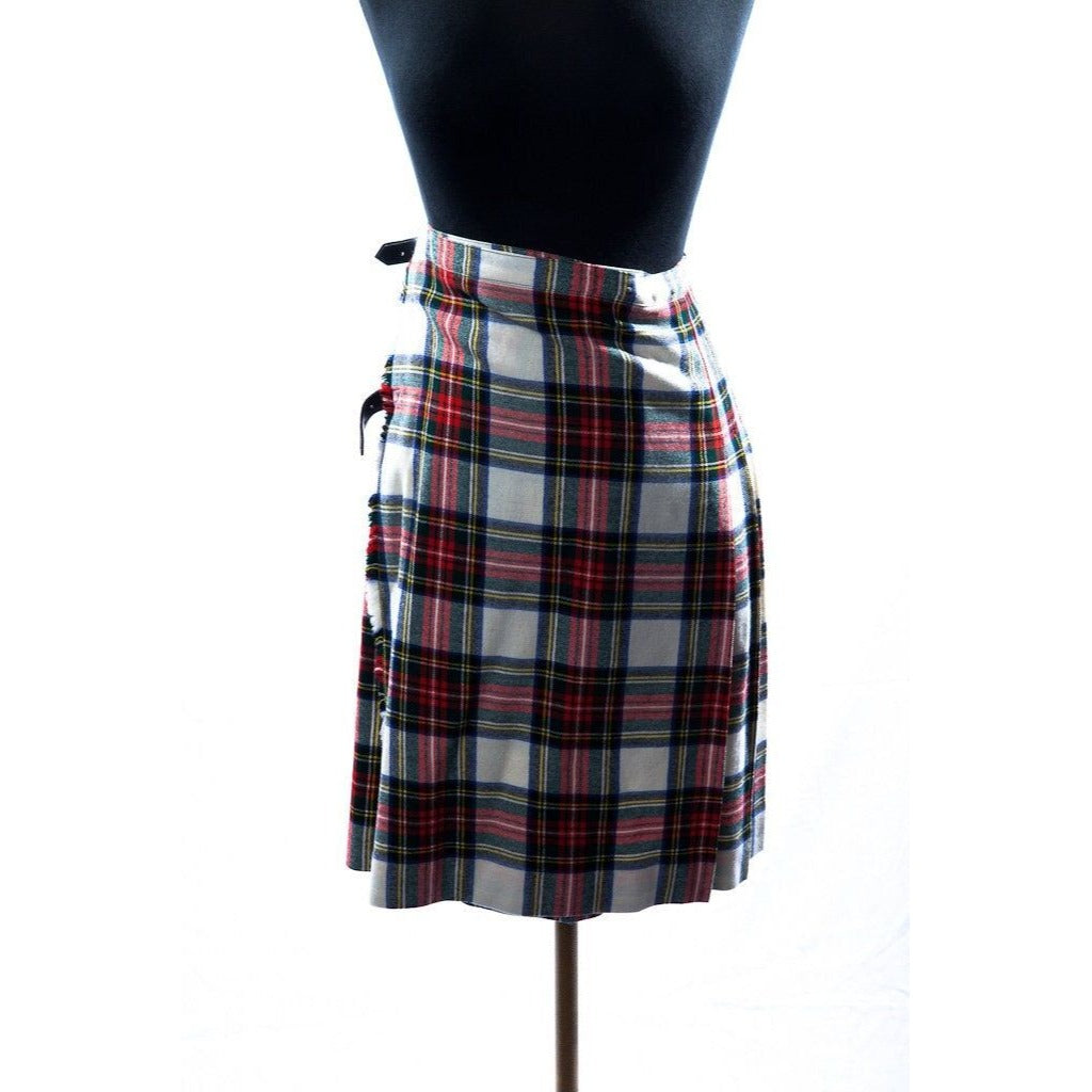 Vintage 1970's The Scotch House Plaid Wool Kilt Skirt White Red Blue Plaid Skirt Black Leather Straps Made In Scotland Small