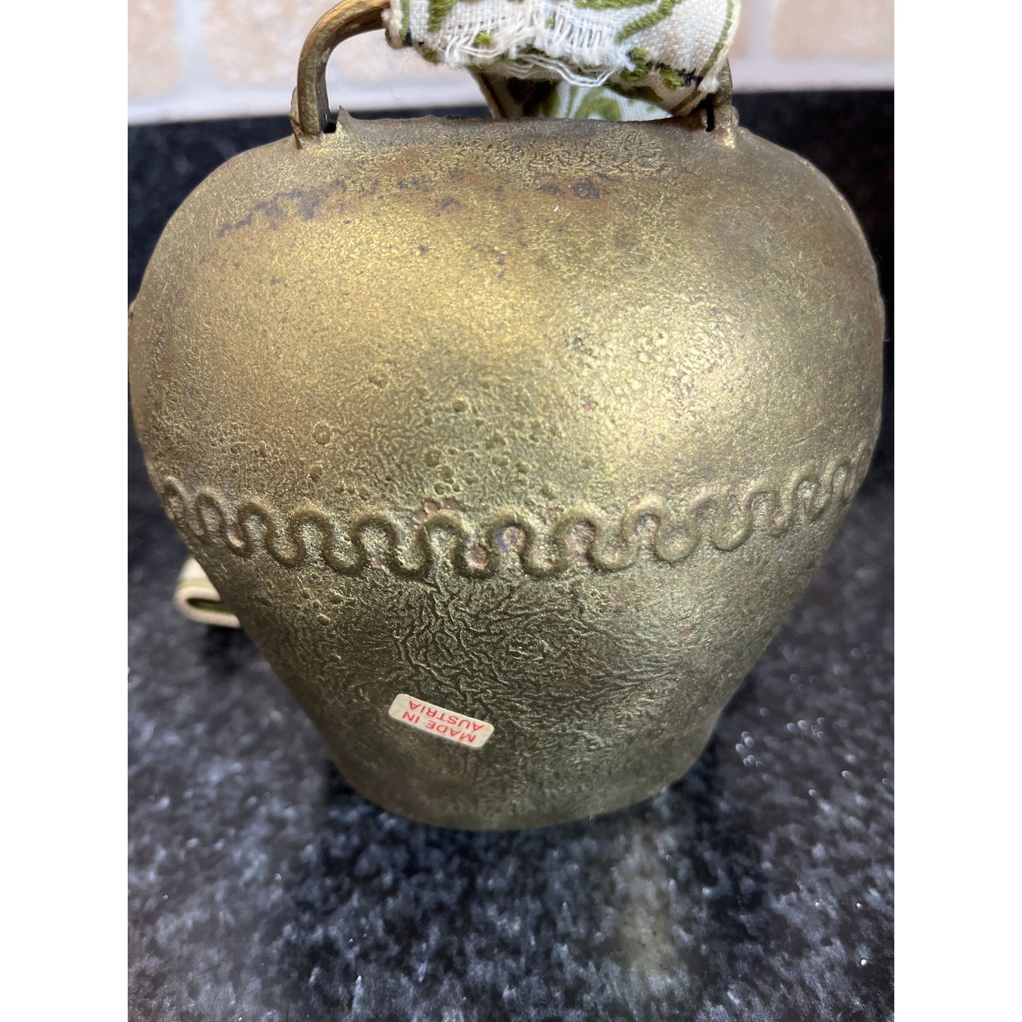 Vintage Austrian Cow Bell Original Label Brass Hand Hammered Bell On Hand Embroidered Green White Floral Strap