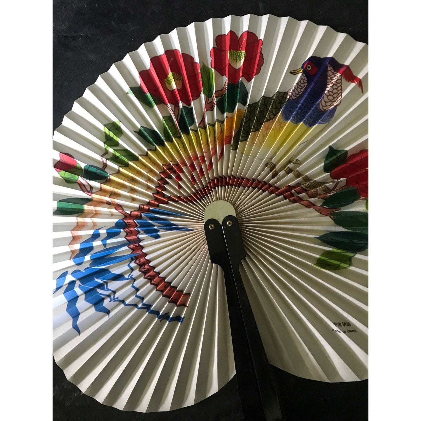 Vintage Hand Fan Peacock & Flowers Paper Folding Hand Fan Made In China