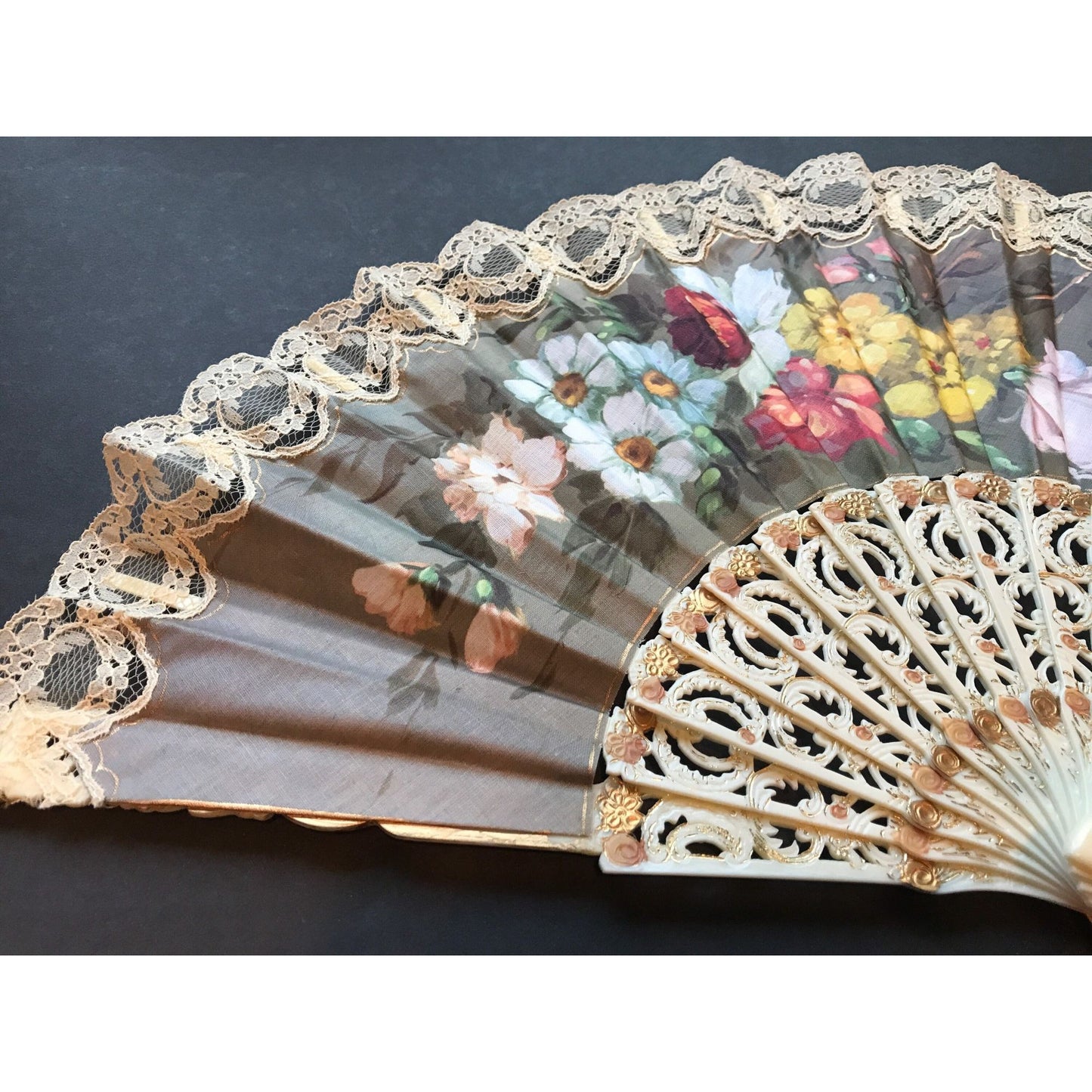 Vintage Large Hand Drawn Ecru Lace And Fabric Fan Made In Spain Signed By The Artist