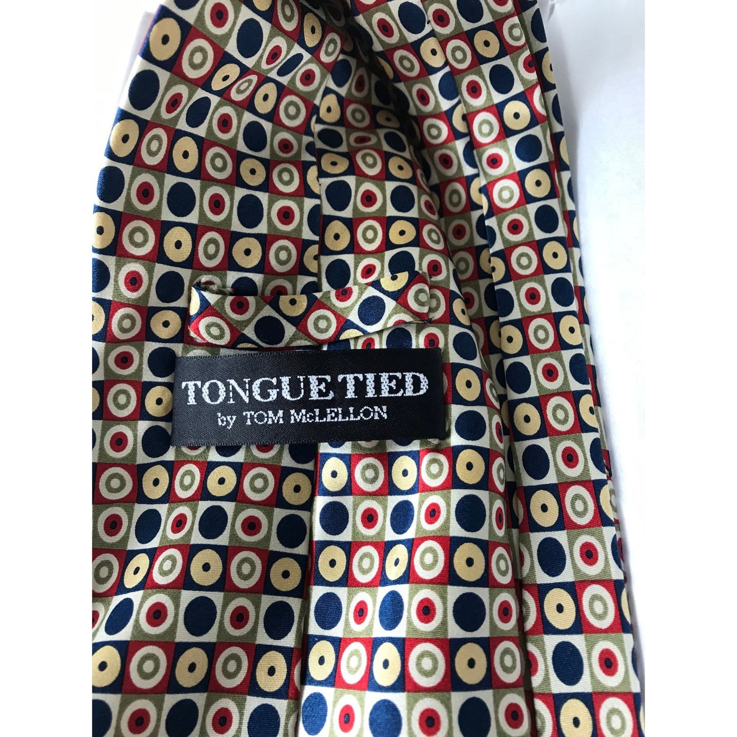 Vintage Men’s Tie By Tongue Tied 100% Silk Red Blue Yellow Geometric Pattern Tom McLellon