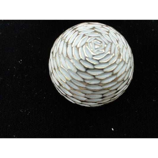 Vintage Stamped BSK Textured Diamond Cut Swirl Half Moon Raised Brooch White Enamel Gold Tone Pin