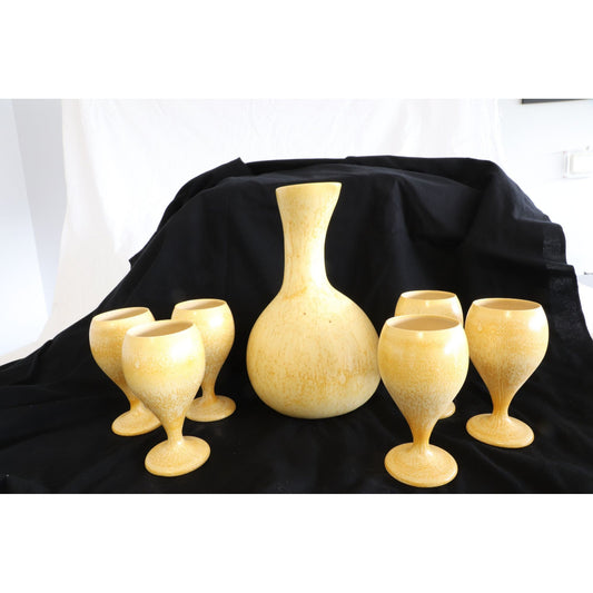 Vtg The Pottery Steak Restaurant Hawaii Ceramic Yellow 7 Piece Set One Carafe Six Goblets One Of A Kind