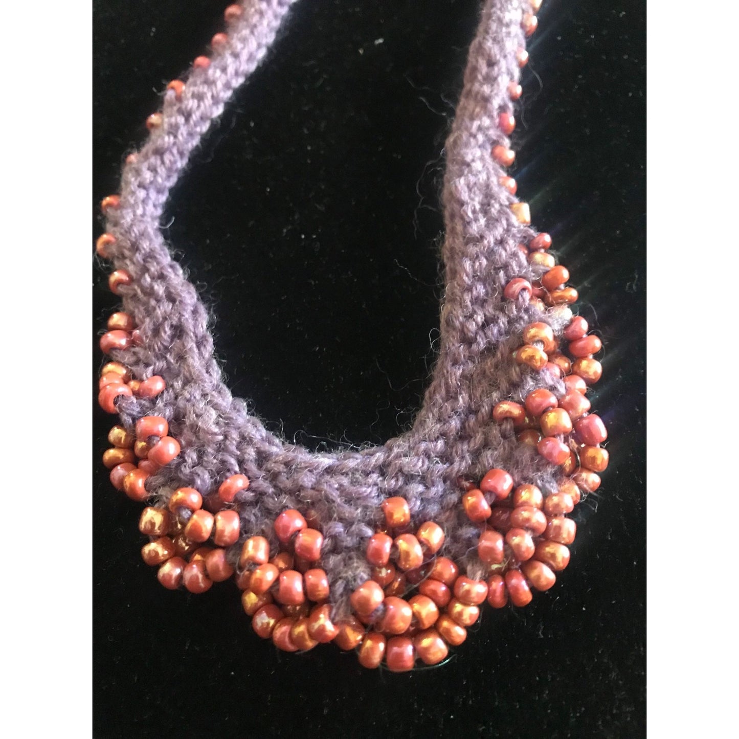 Vintage Merino Eggplant Shade Hand Knit Necklace With Purple Pearl Essence Beading 16"