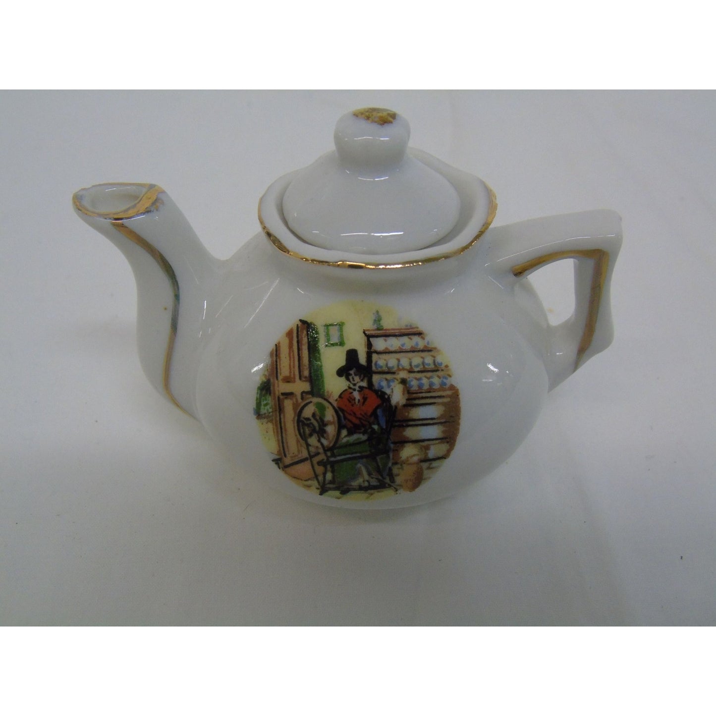 Vtg Miniature Teapot Tea Party Arcadian Welsh Woman & Spinning Wheel Gold Rims Made In Japan Original Label