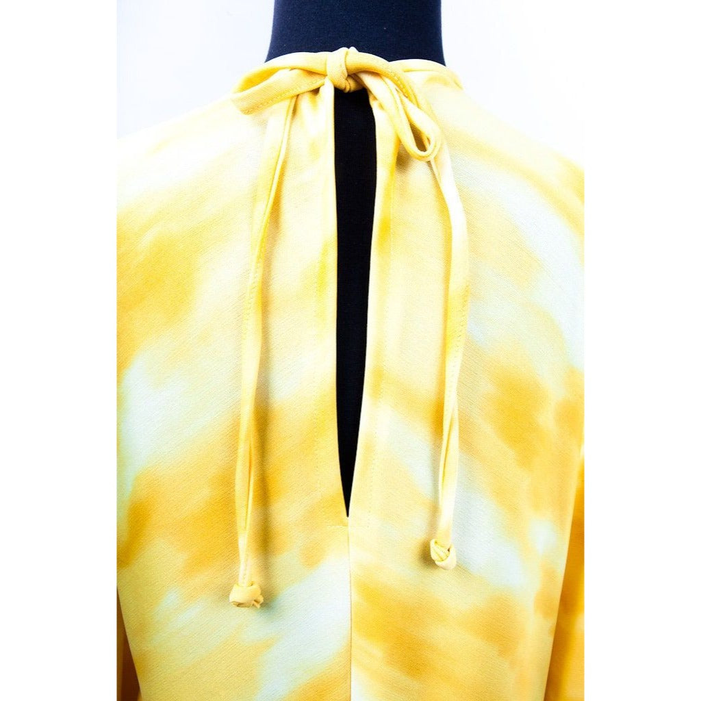 Vtg 1970's Avon Family Fashions Yellow White Tie Dyed Maxi Dress & Shawl Bell Sleeves Boho Hippie L