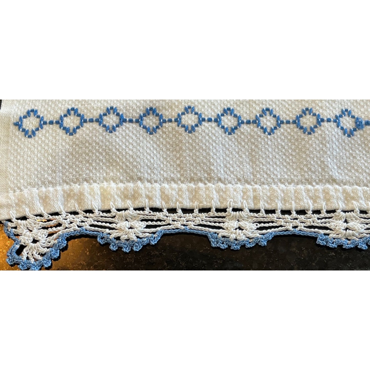 Vtg Handmade Romanian Decorative Table Runner Blue Yellow Hand Embroidered & Crocheted Folk Romanian Textile Intricate Pattern Cotton