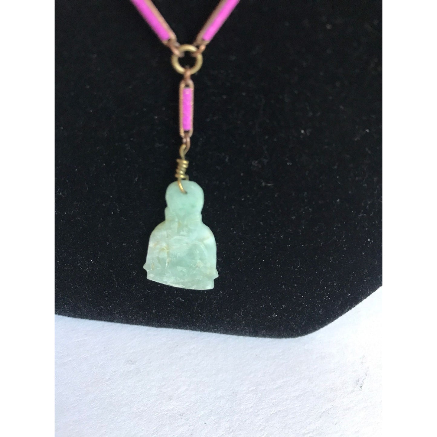 Vintage Carved Jadeite Sitting Buddha And Rose Quartz Enamel Y Necklace