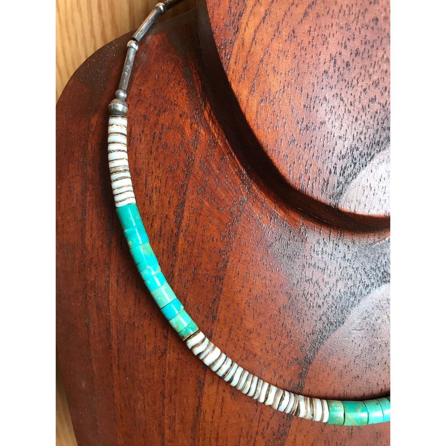 Vtg Heishi Necklace Shell Disc & Turquoise Beads With Sterling Silver Ball And Tubes Towards The Clasp