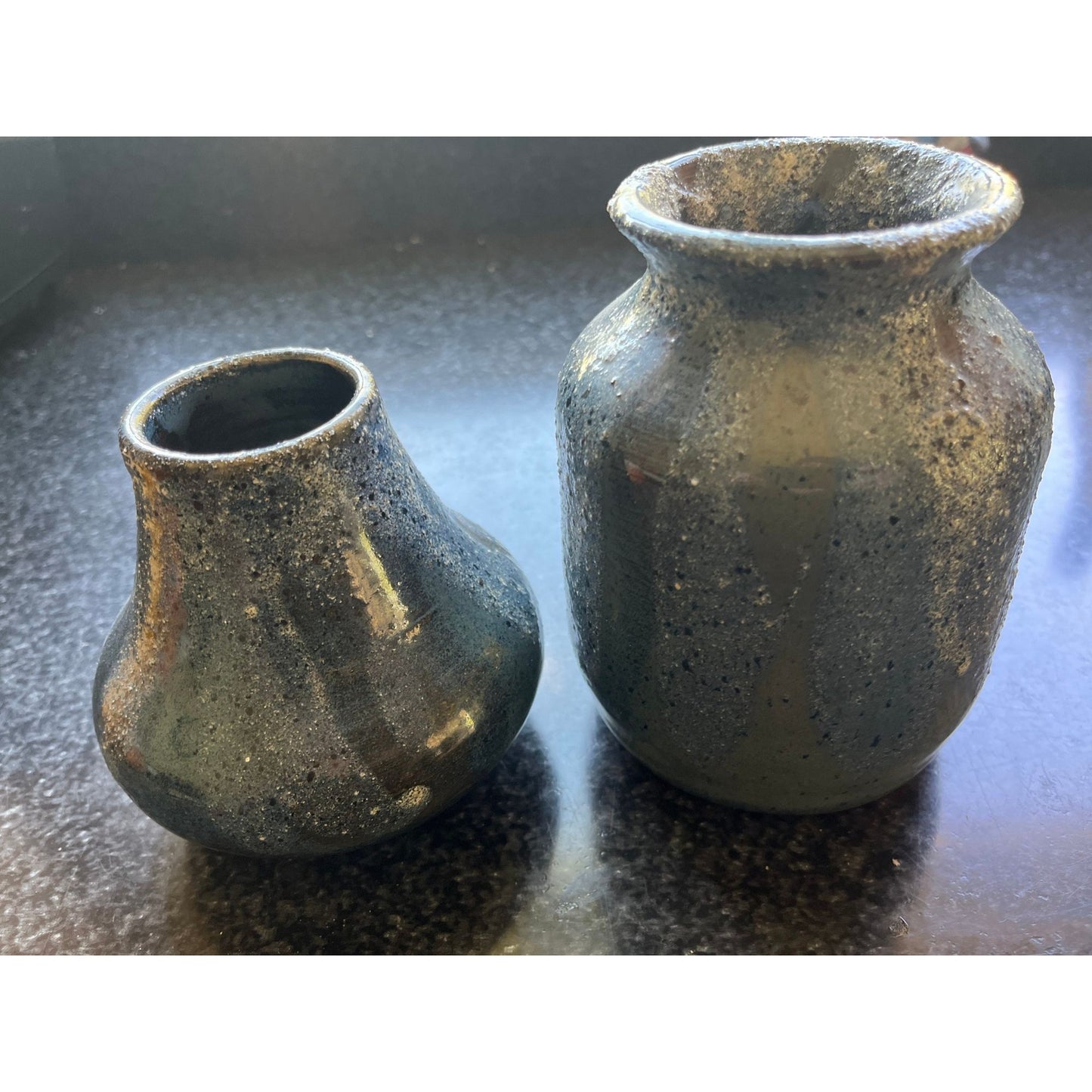 Vtg Pair Of Soda fired Hand Thrown Ceramic Pottery Vase In Tones Of  Blue & Hint Of White Signed By Artist