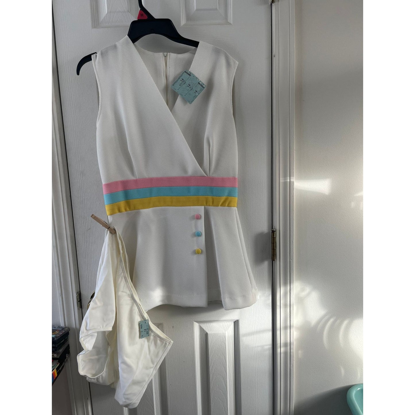 Vtg 1970's Tennis Dress & Panties By Saks Fifth Avenue Active Sportswear Size 14 White With Pink Blue Yellow NWT