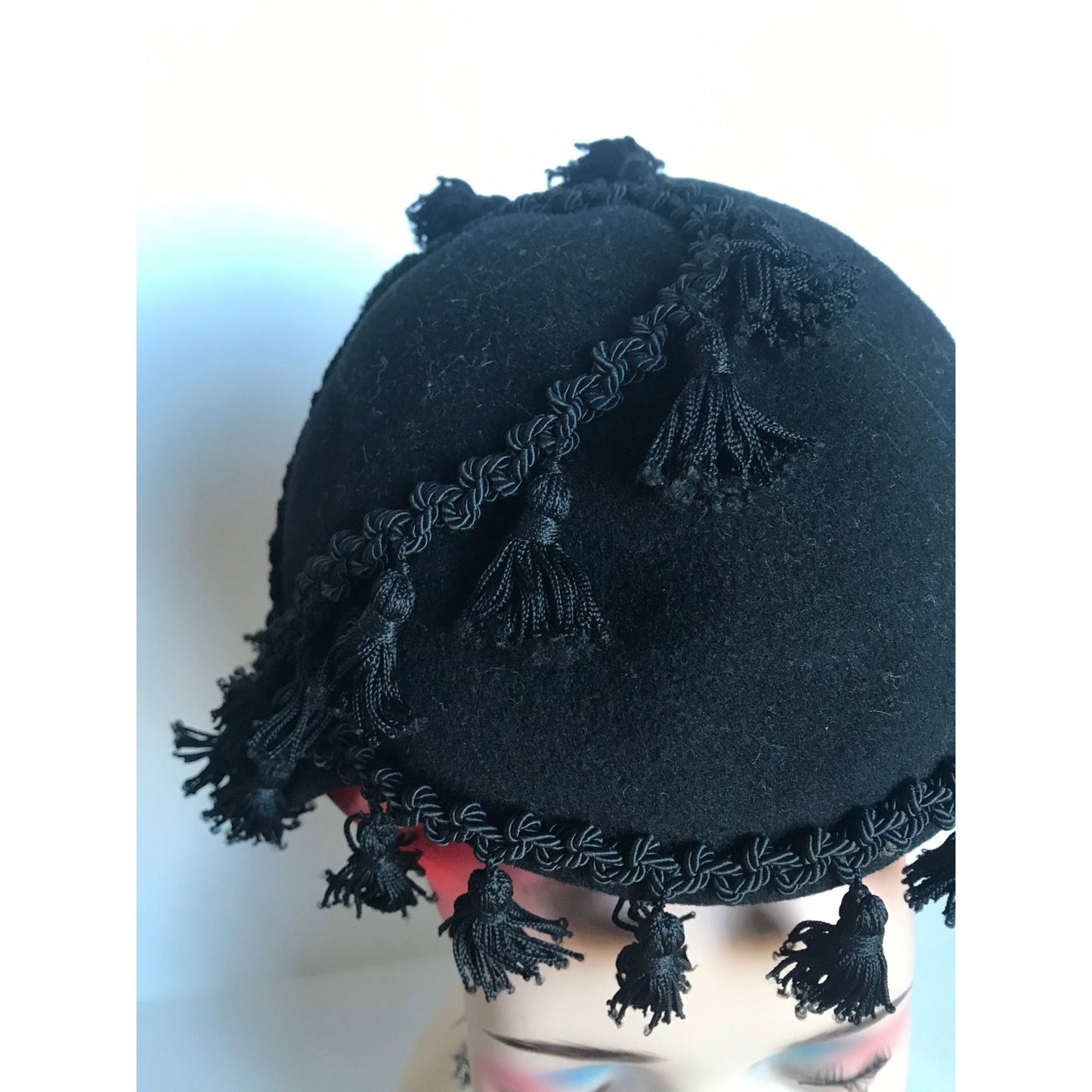 Vtg 1950's Henry Pollak, Inc. Glencove 100% Wool Black Woven Brick Brack Tassel Hat Size S/M