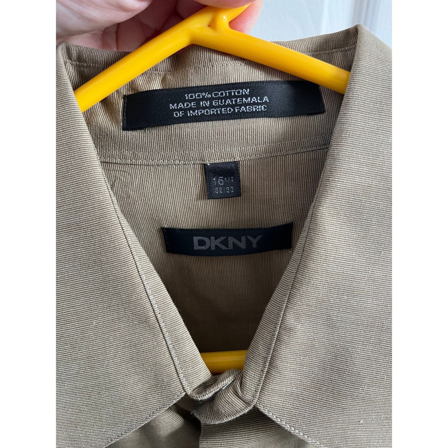 Vtg DKNY Men's Dress Shirt in Tan 16 1/2" 32-33 Sleeve Made In Guatemala Of Imported Fabric 100% Cotton