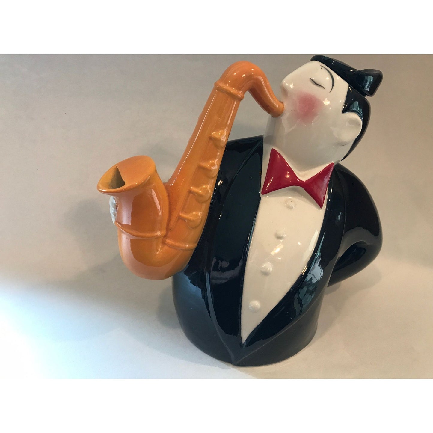 Vintage Clay Art Jazz Series 1990 Saxophone Player Teapot Tuxedo Yellow Sax Original Label