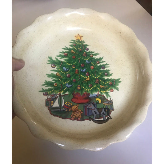 Vtg Christmas Tree With Toys Pie Tart Ceramic Dish Handmade 10" One Of A Kind Serving Piece