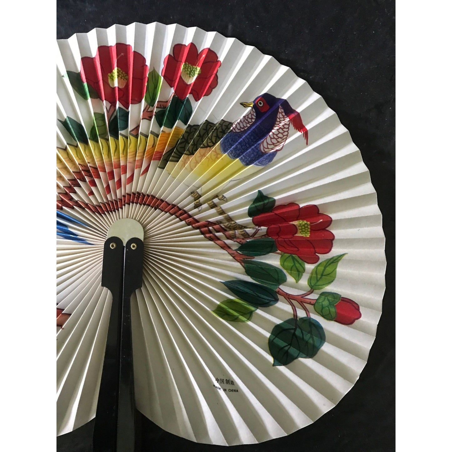 Vintage Hand Fan Peacock & Flowers Paper Folding Hand Fan Made In China