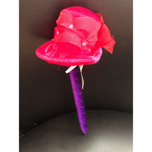 Vtg Mary Meyer Red Hat Society Purple Velour Ink Pen Red Velour Hat With Red Ribbon Bow Purple "Beads"