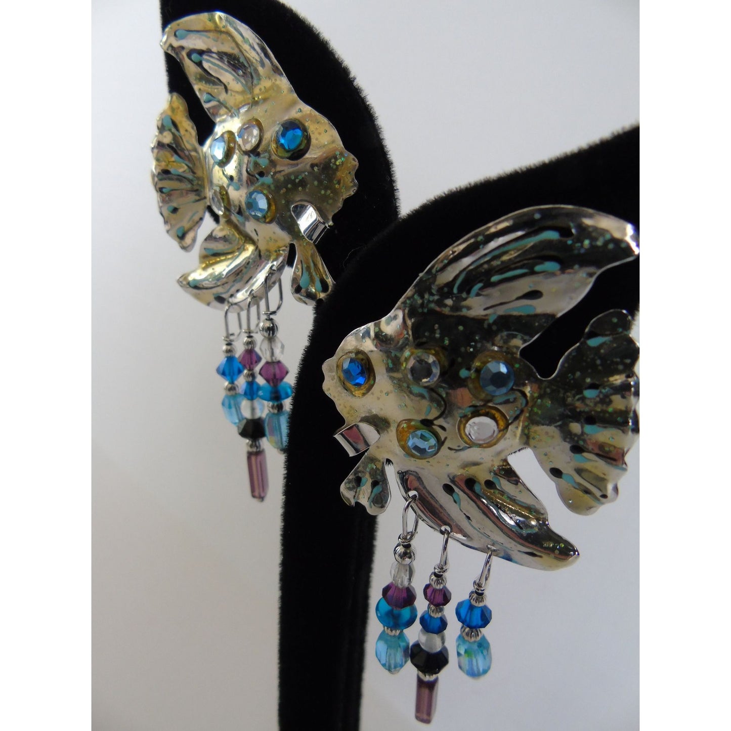 Lunch At The Ritz Fish Earrings Pierced Signed '87 LATR Glitter Enamel Rhinestones Beads