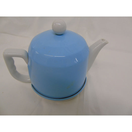 Vintage White Ceramic Teapot With Light Blue Fitted Tea Cozy 24 Fluid Ounces