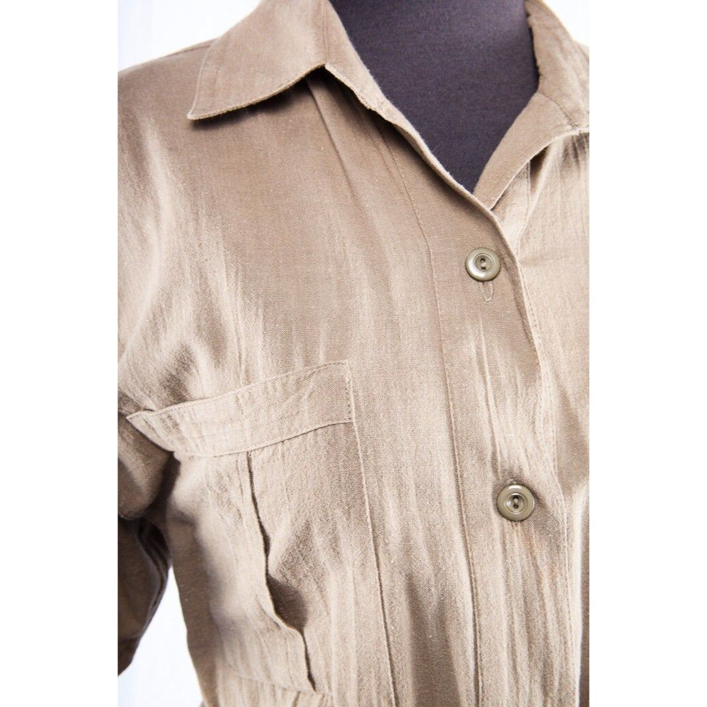 Vintage 1960's George Georgiou II Khaki Cotton Dress L Made In Cyprus 100% Cotton Shoulder Pads