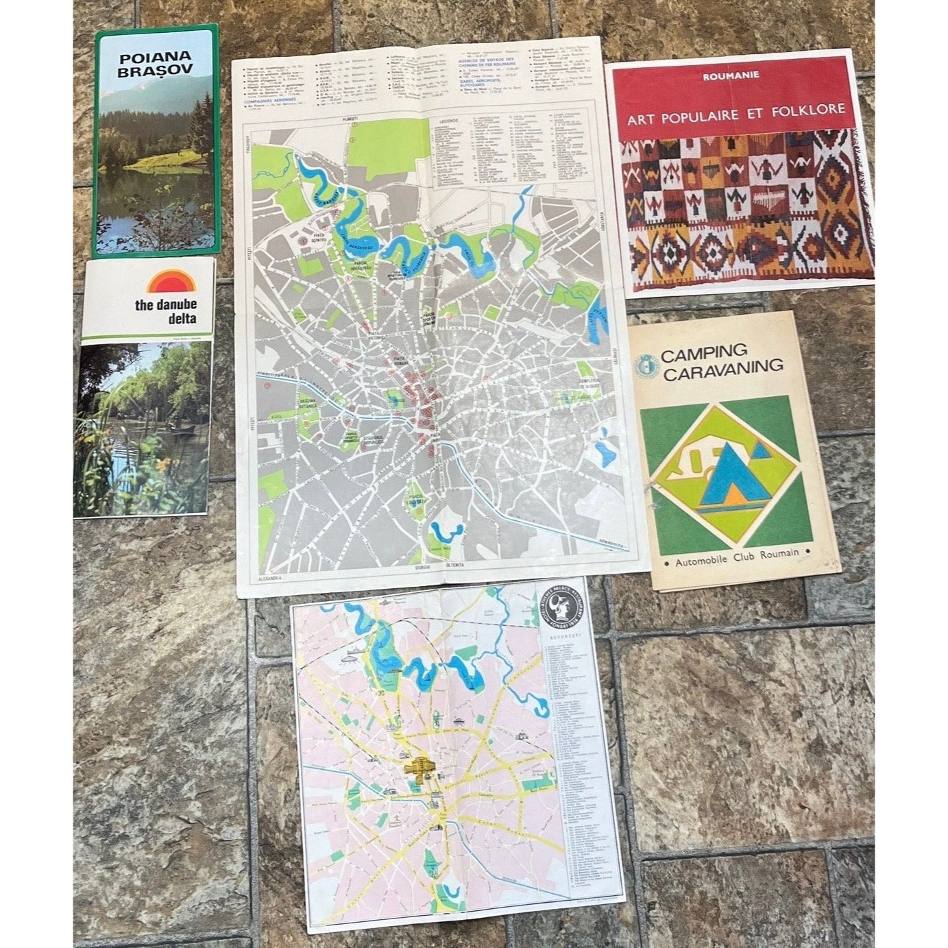 Vtg 1975 Romania Lot of 6 Items Art Folklore, Map of Bucharest, Camping in Romania, The Delts Danube, Poiana Brasov, Welcome Bucharest