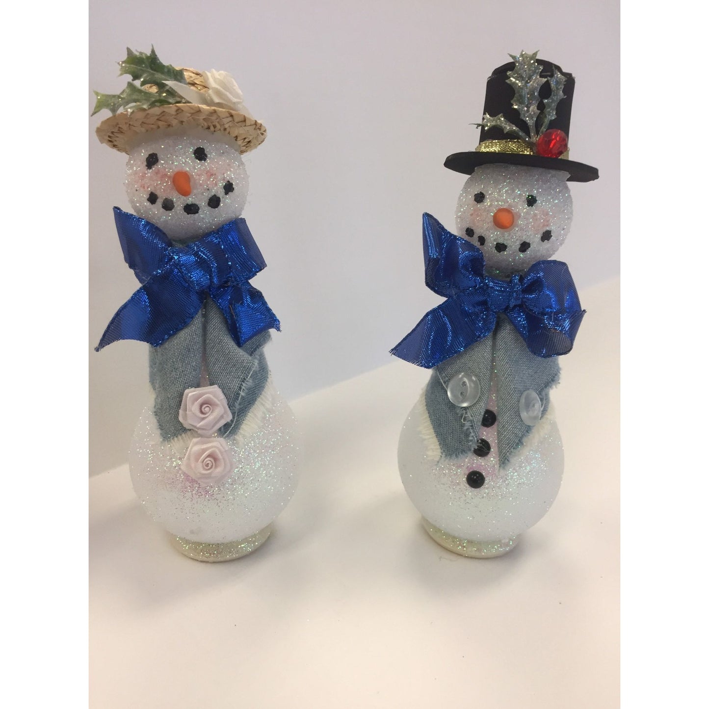 Vintage Handmade Mr. & Mrs. Snowman Carrot Nose Made From Long Life 60 Watt Light Blub Figurines