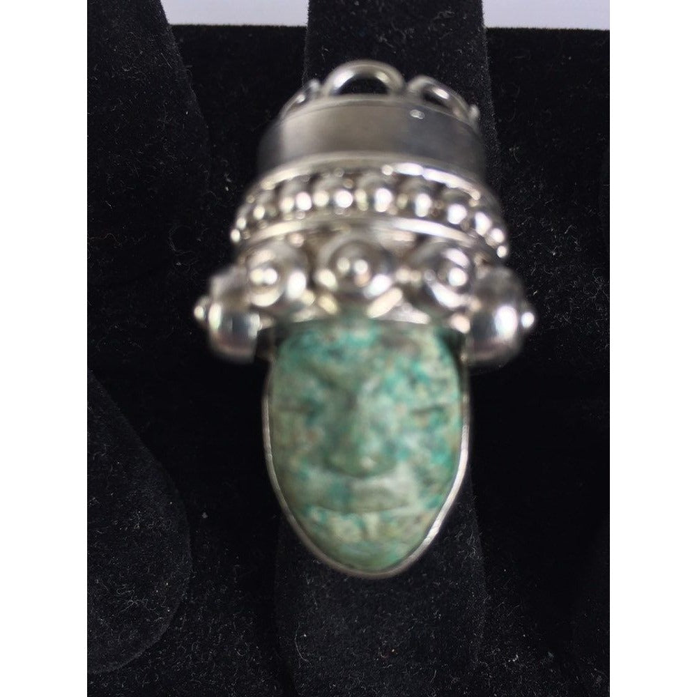 Vtg 1960's Aztec - Maya Warrior Ring Carved Turquoise Head Sterling Silver 925 Taxco Mexico Size 6