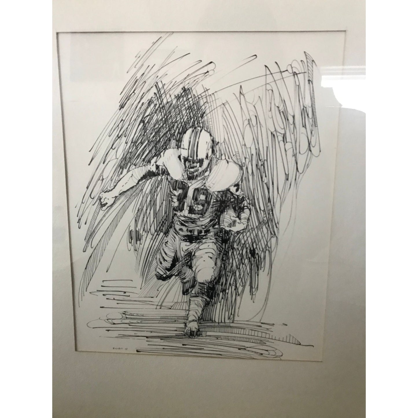 Vintage Framed Leo Kuschel signed "Kuschel 73" Football Player No. 39 Art Painting Black Wood Frame