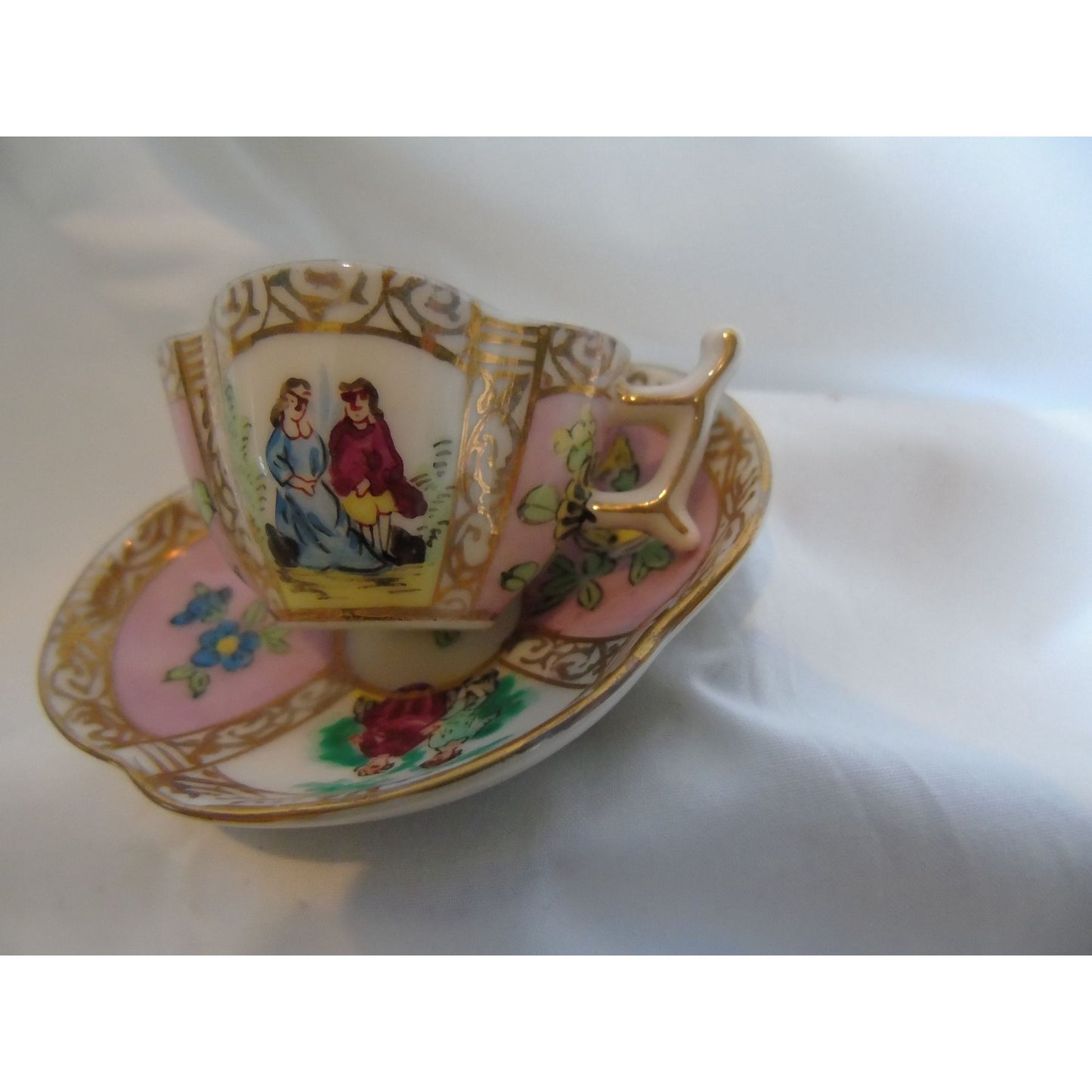 Vintage Dresden Style Hokutosha Occupied Japan Hand Painted Pink Courting Couple Cup & Saucer