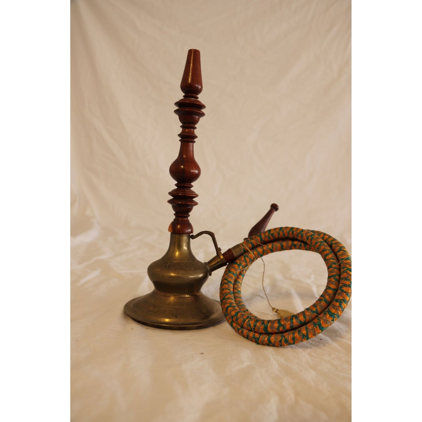 Vtg 1960's Handmade Wood & Brass Hookah Elaborate Embellishment Orange Green Pipe Hose New