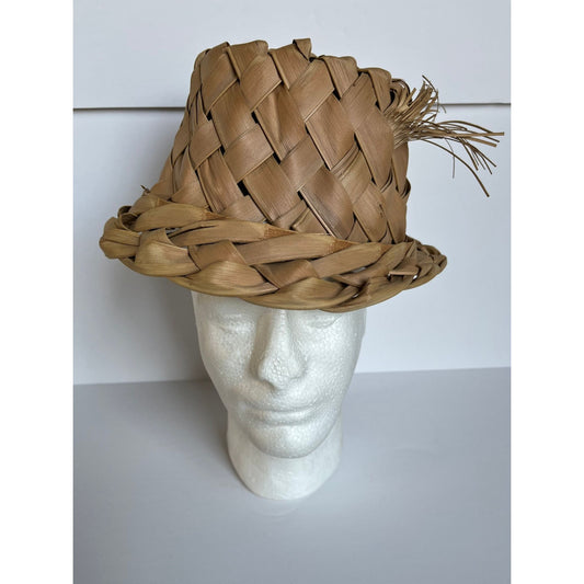 Vtg 1967 Hat Fedora Unisex Hawaiian Handmade Palm Frond Woven Handwoven Medium Made In Hawaii