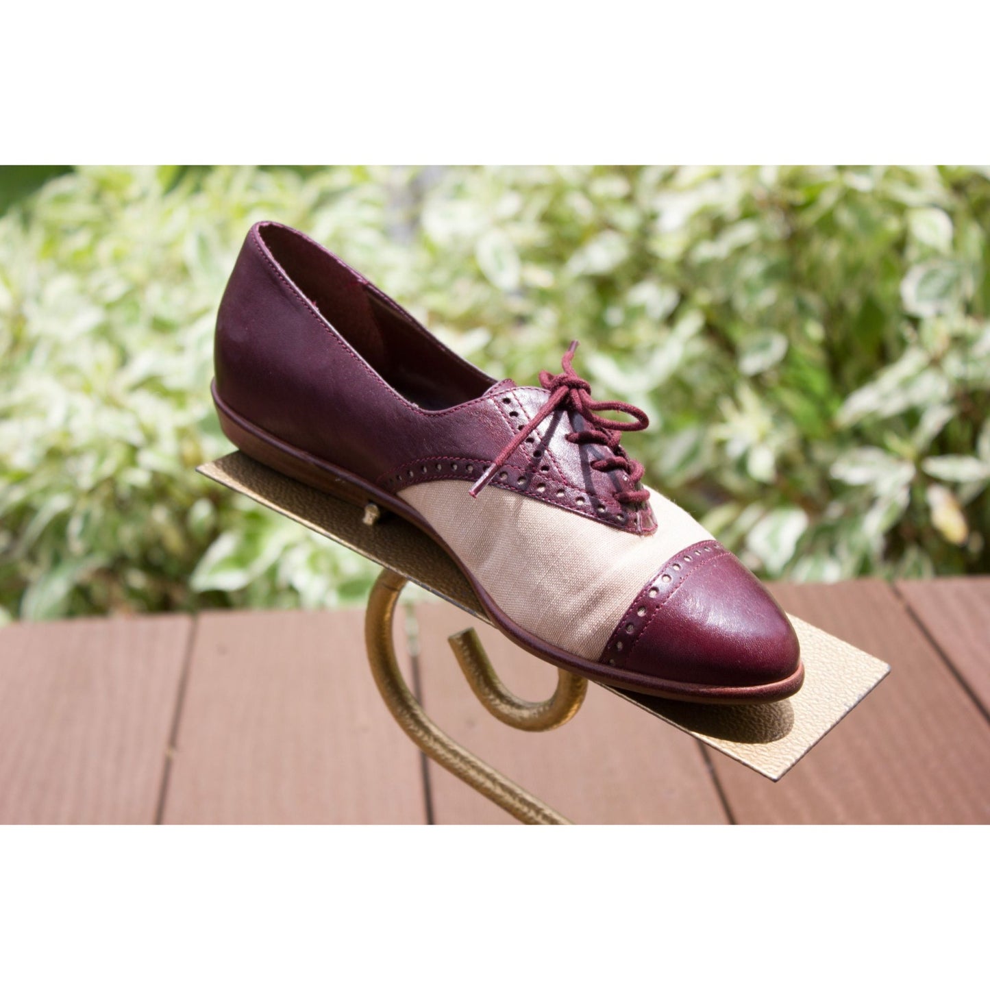 Vintage Shoes Etienne Aigner Oxford Women's Lace Up Burgundy Leather Beige Fabric 6M