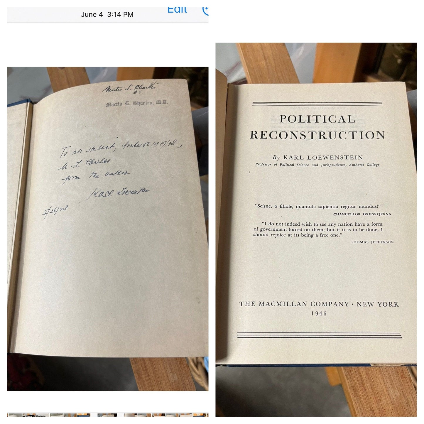 Vtg Signed By Author Political Reconstruction Hardcover 1946 by Karl Loewenstein (Author) Dated Amherst College