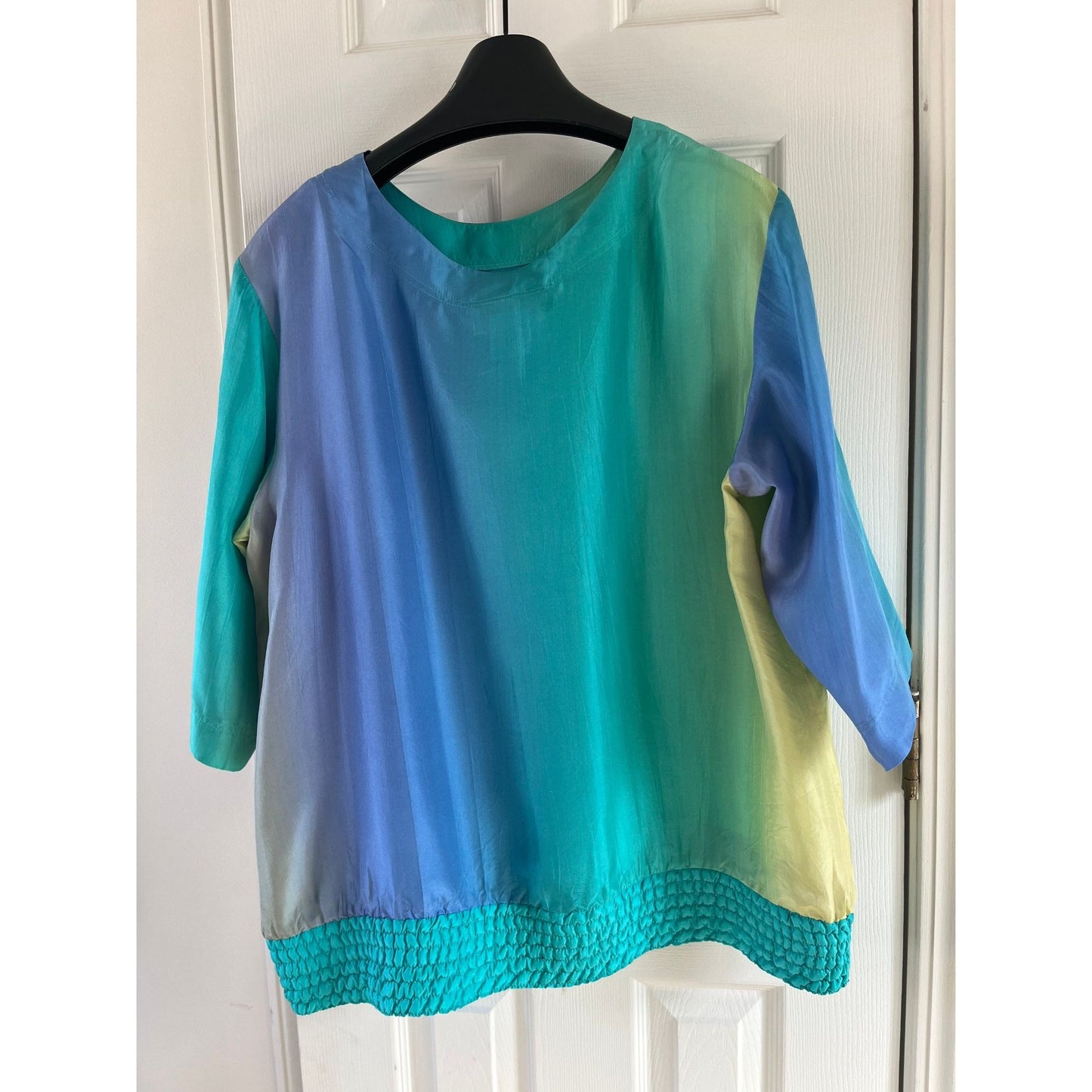 Vtg 1980's Stewart Sport By eStewart Blouse Top Saks Fifth Avenue Washable Silk Multi Color Blue Green M Wide Waist Band