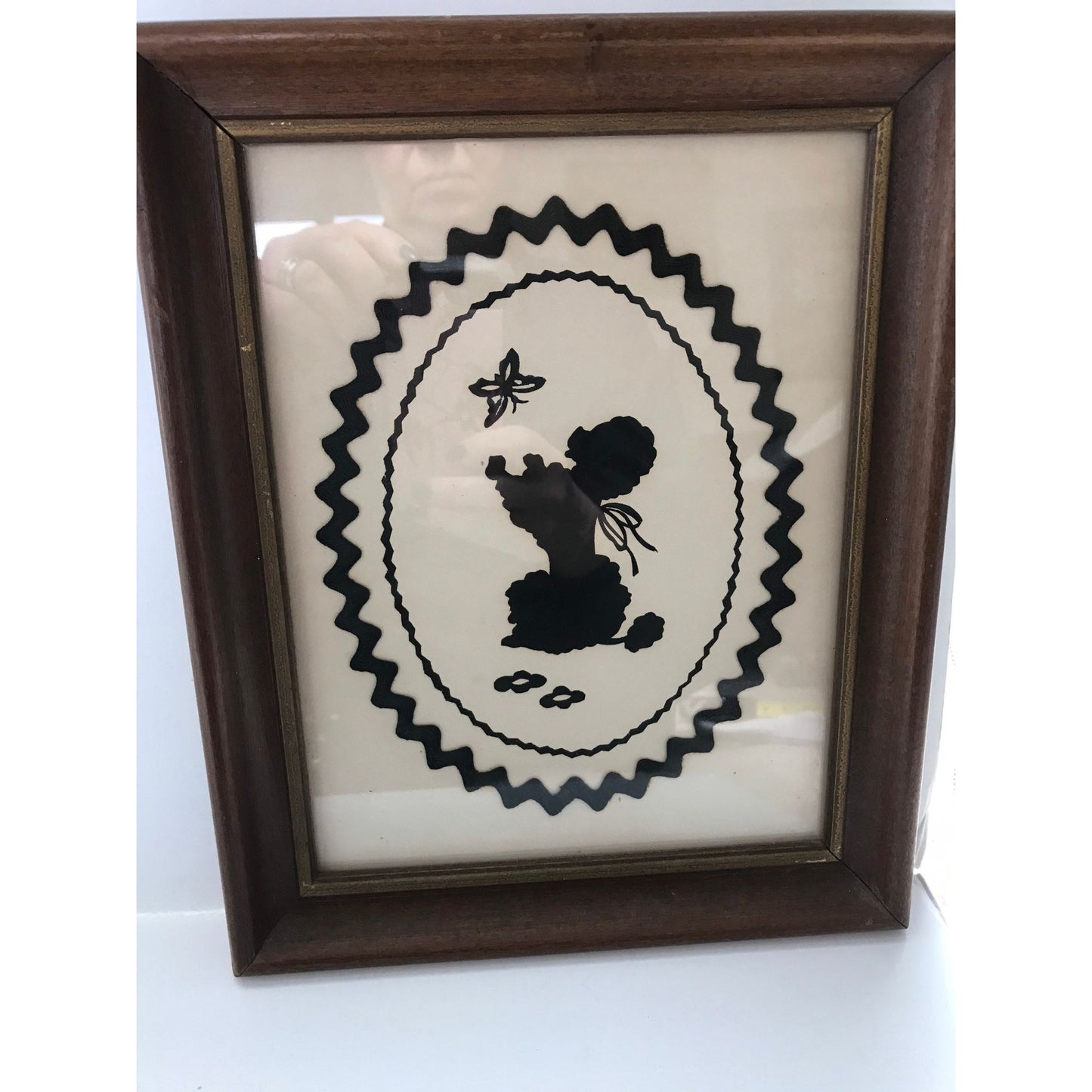 Vintage Handmade Poodle With Butterfly Silhouette Black & White Black Bric-A-Brac Framed