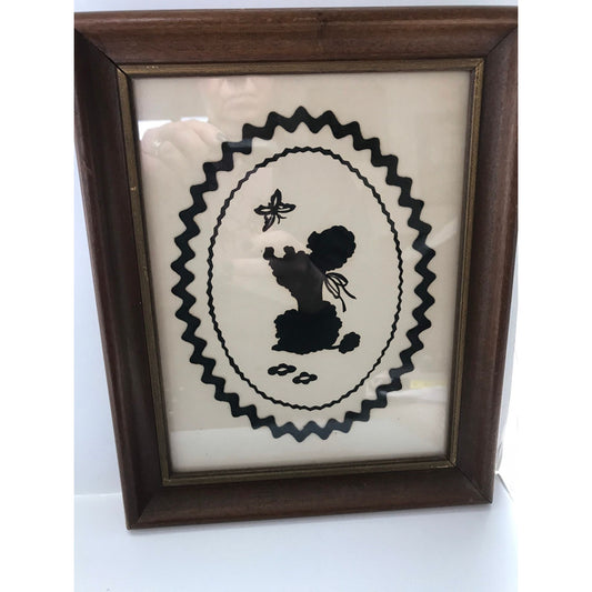 Vintage Handmade Poodle With Butterfly Silhouette Black & White Black Bric-A-Brac Framed