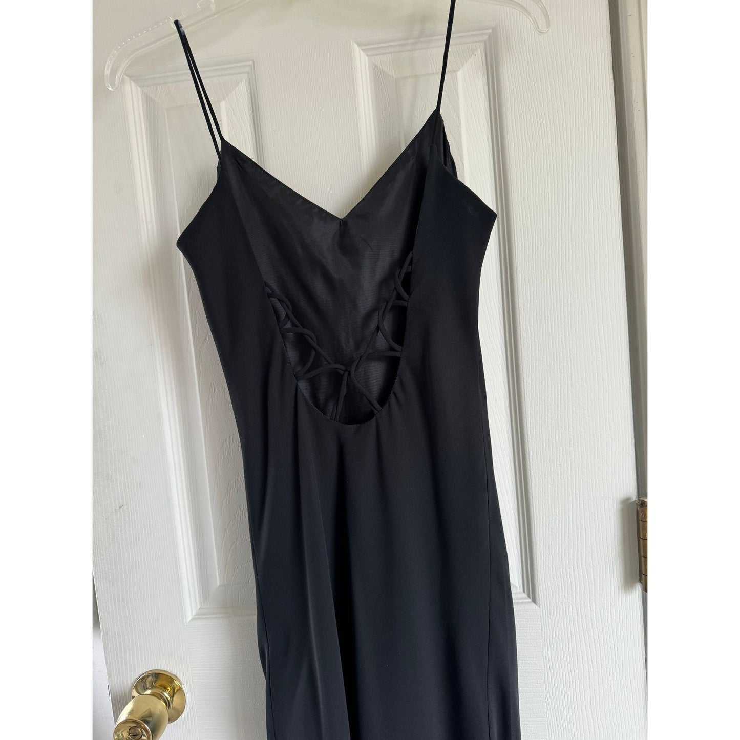 Vintage Hampton Nights Black Maxi Dress Full Length Spaghetti Straps Vents On Each Side 20" Open Back Loops Size 2