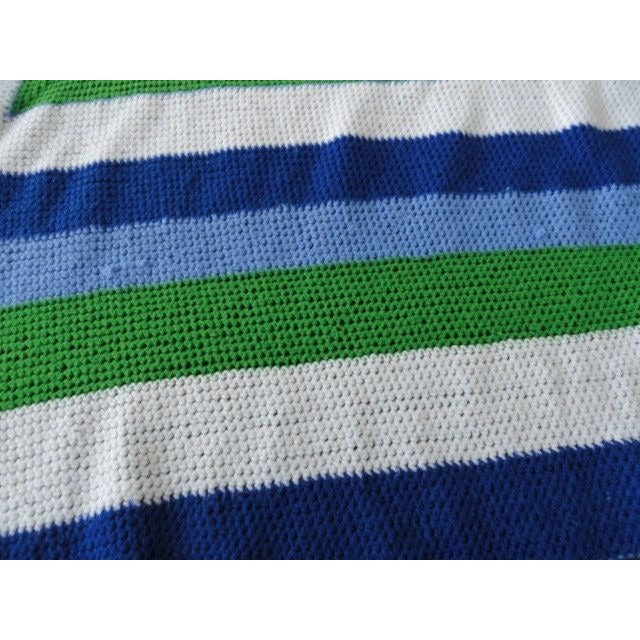 Vtg Very Large Handmade Crocheted Bedspread Afghan Blues Green White Square Pattern 116" x 102"