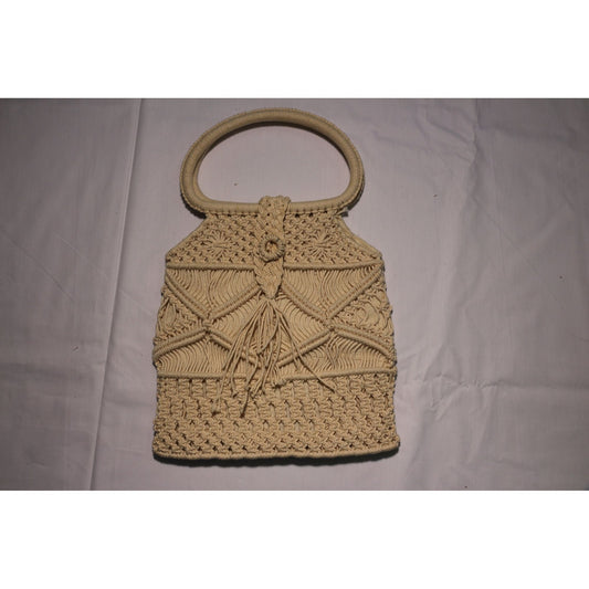 1970's Macramé Ivory Handbag Purse Fully Lined Round Handles Vintage