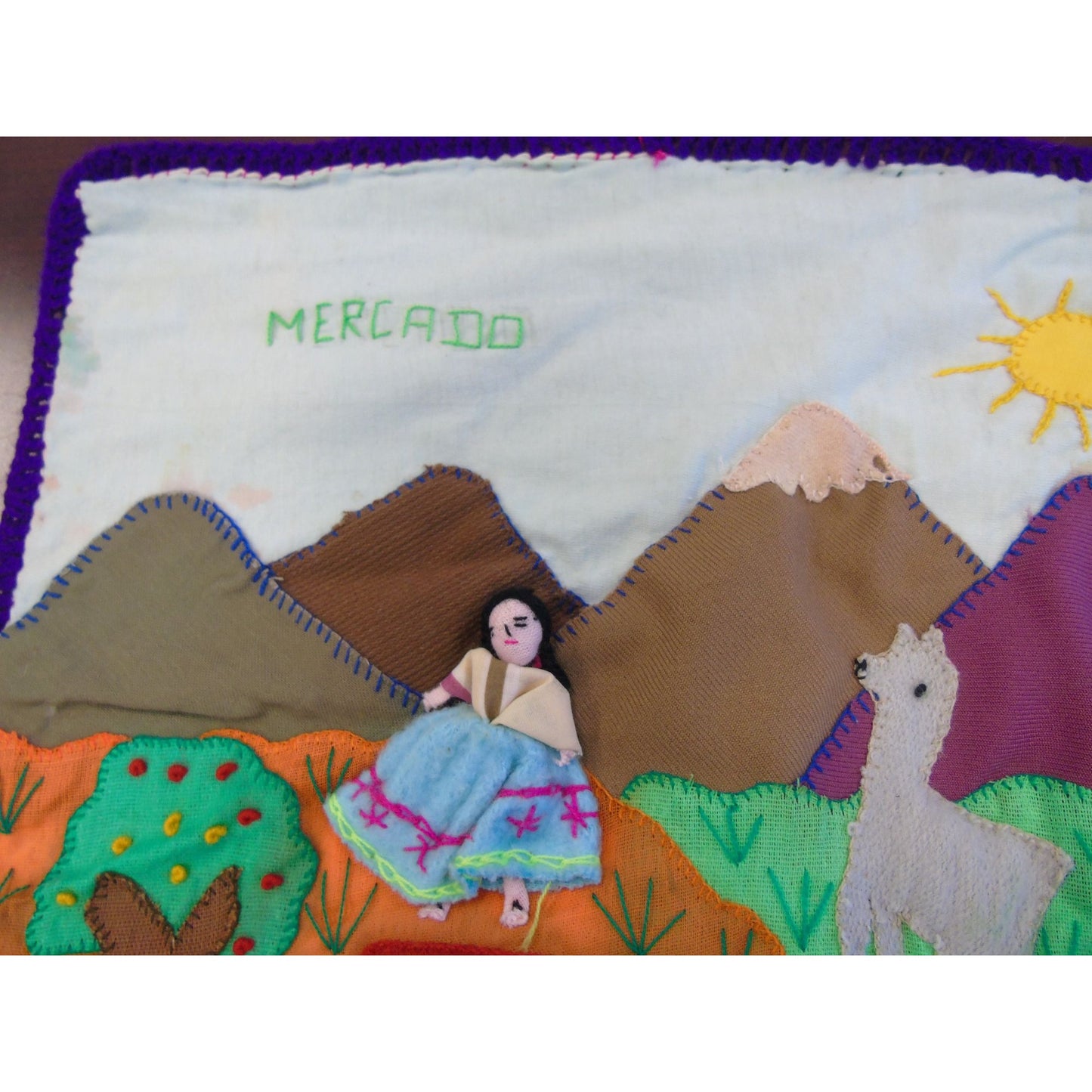 Vintage Peruvian Mercado "Market" Tapestry Handcraft Appliqué Folk Art Peru Arpillera