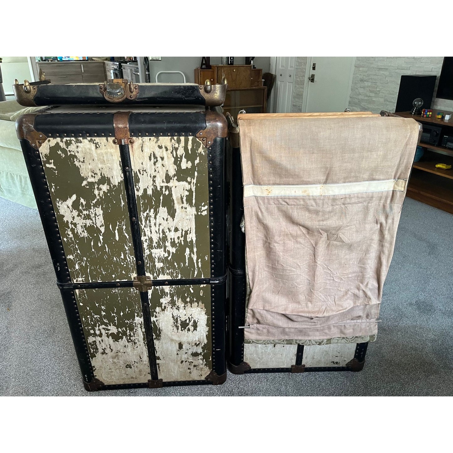 Antique Hartmann Train Ship Steamer Trunk Protective Cushion Top Wardrobe 1900s Original Brocade & Wooden Hangers