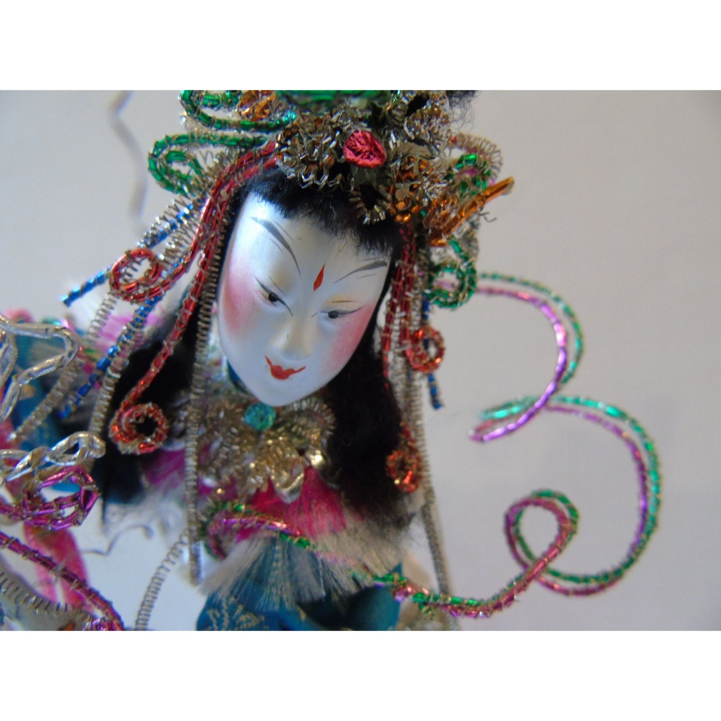 Vintage 1960's Chinese Opera Dolls Male Female Elaborate Costumes Handmade Wooden Stand