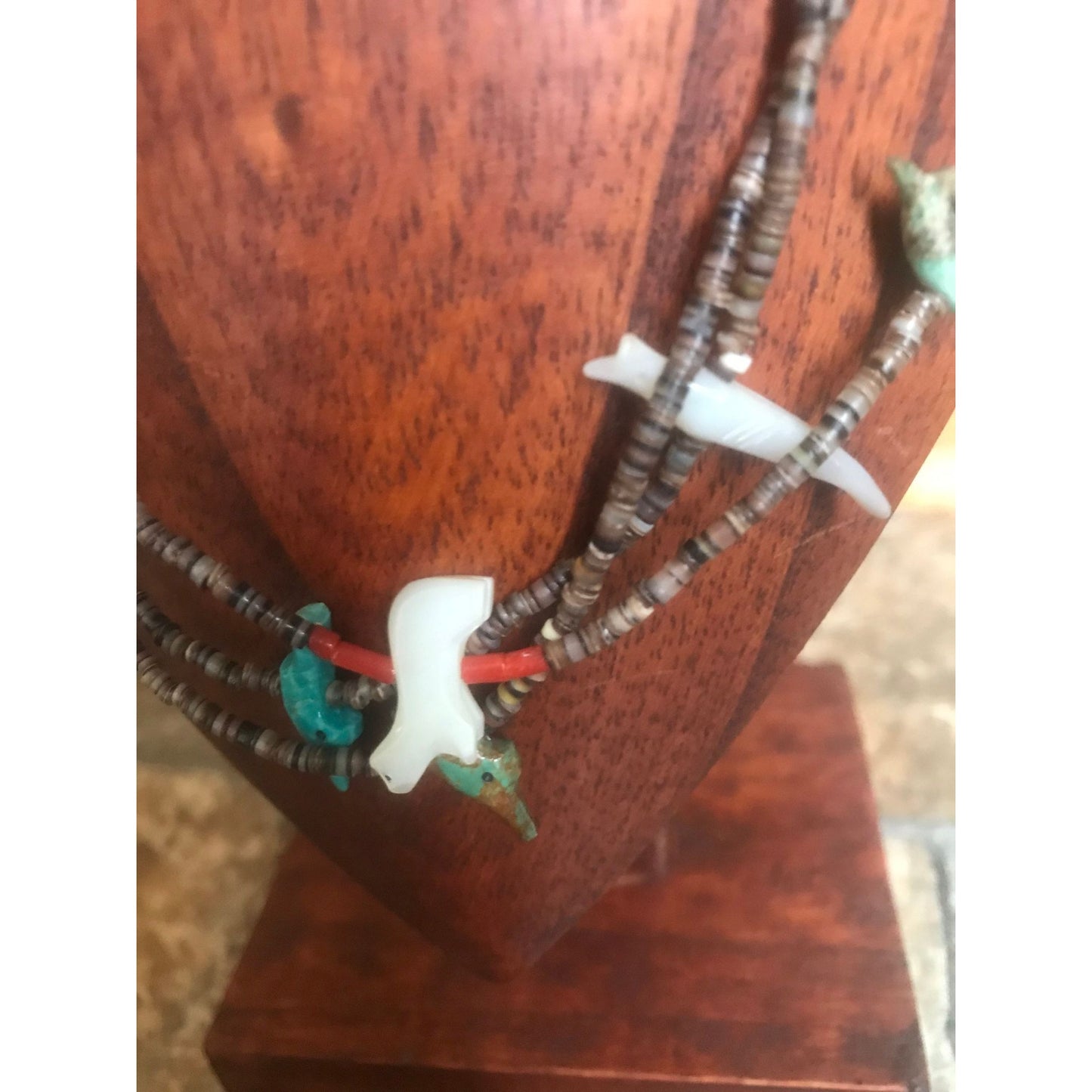 Vtg Zuni Fetish 3 Strand Necklace Native American Hand Carved Turquoise Various 25 Animals & Stones