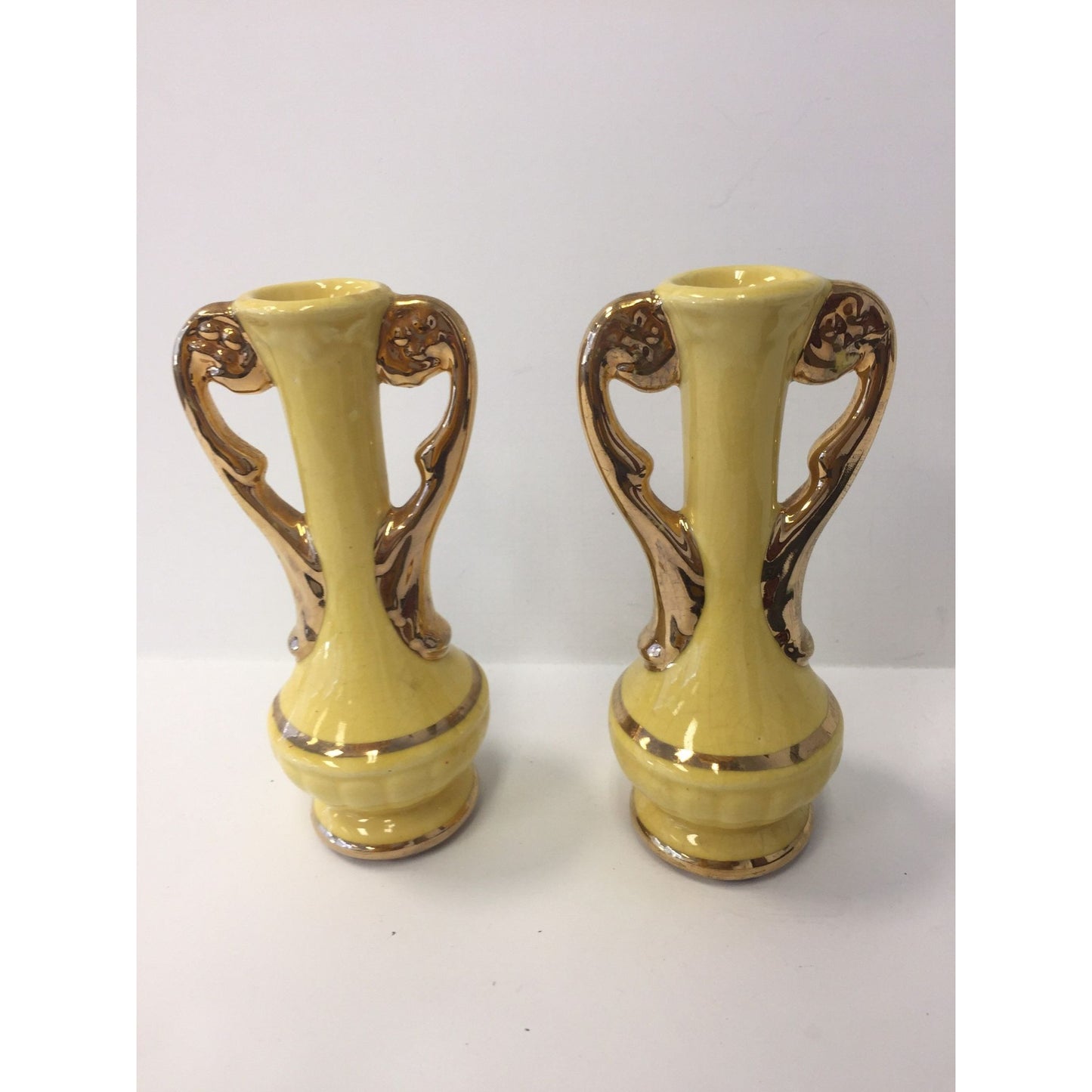 Vintage 1940's Chic Pottery Zanesville Ohio Two Spill Vase Bud Vase Urn Yellow Gold Handles 6' x 3"