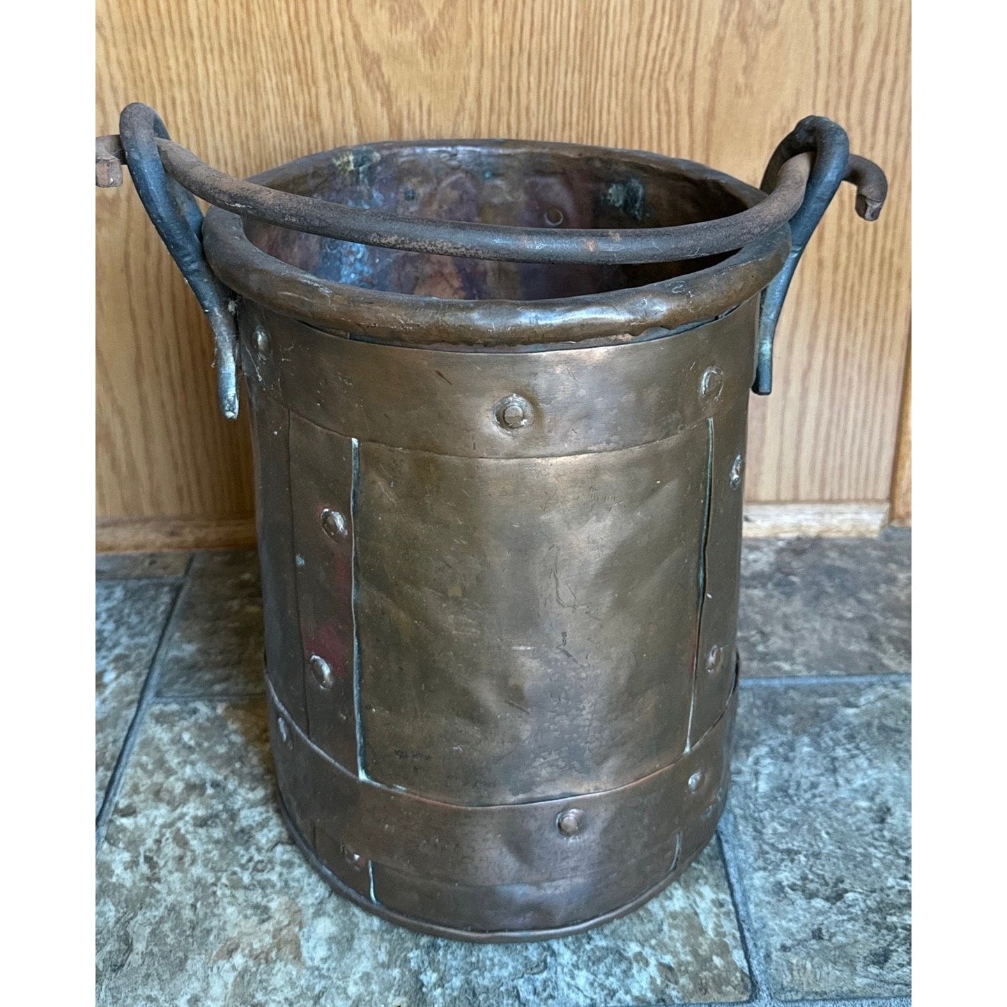 19th Century Copper Firewood Bucket Cauldron With Handle 11 1/4" Tall