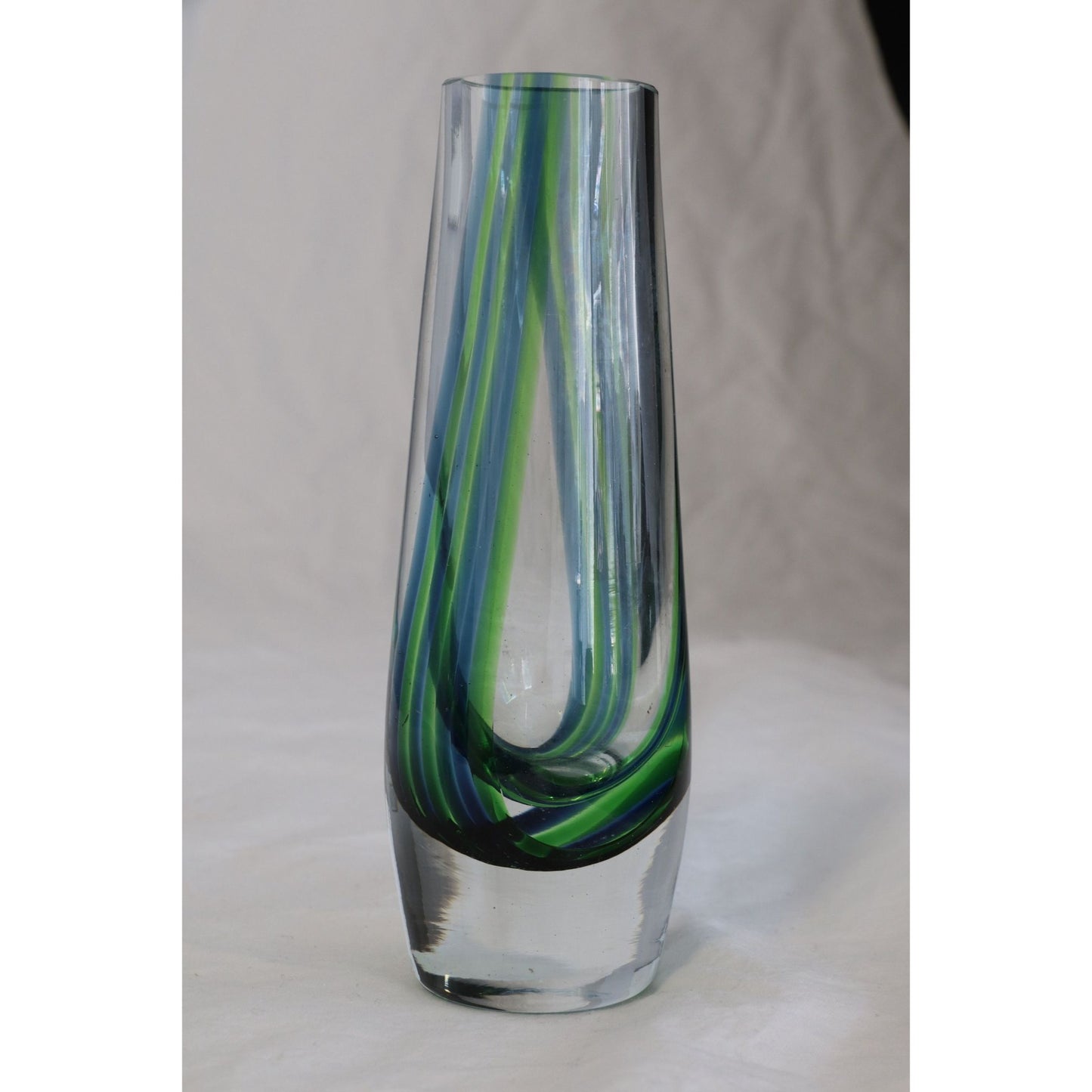 Vintage 1960's Murano Blue Green Glass Vase Clear Base Flower Bud Vase