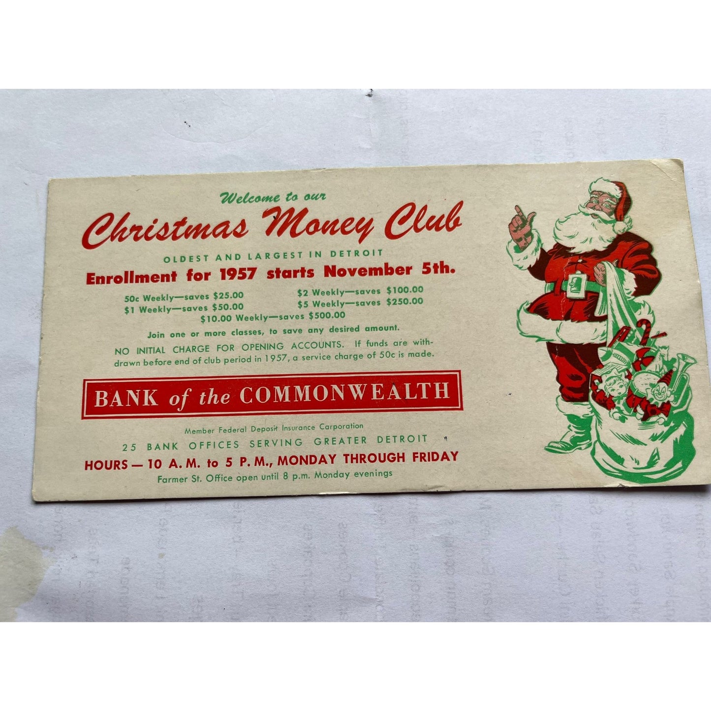 Vtg 1957 Christmas Money Club Card Oldest And Largest In Detroit Bank Of The Commonwealth Enrollment For 1957 Starts November 5th